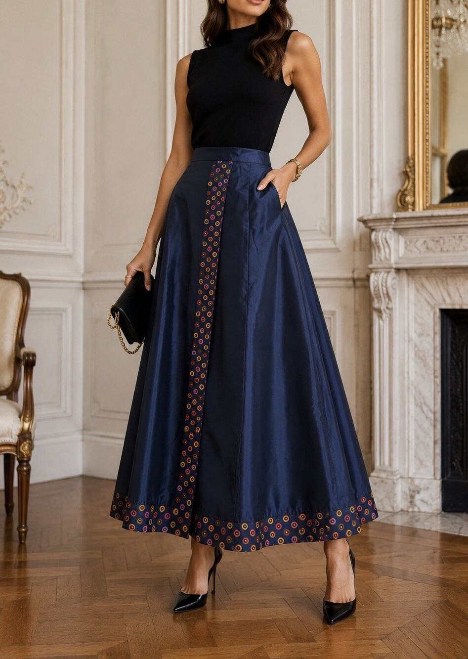Made in Italy Navy Satin A-Line Midi Skirt Colorful Border Ensemble 46